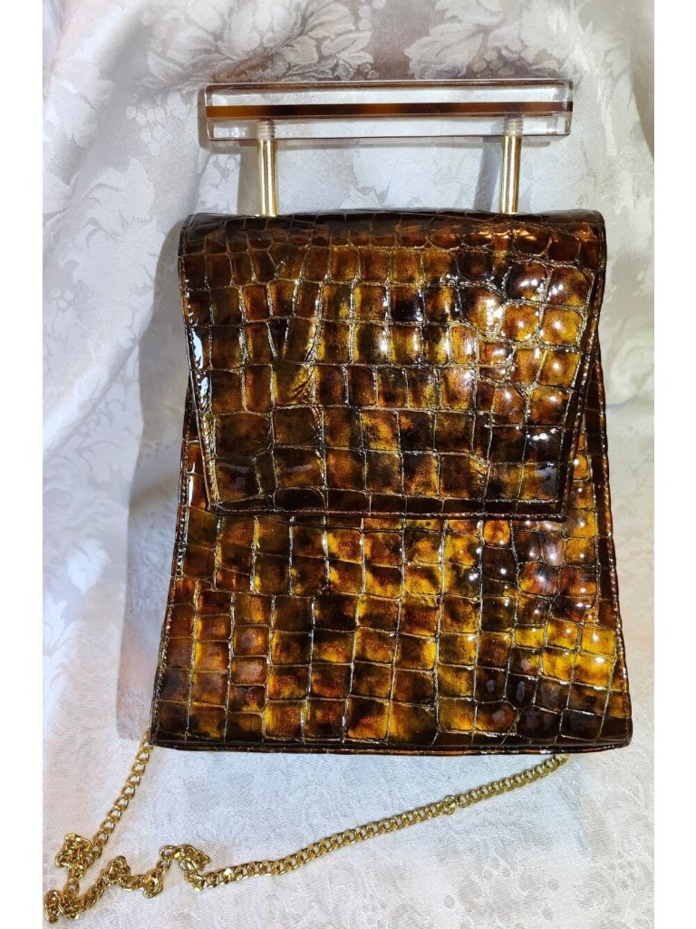 Vintage Cianni Faux Alligator Skin Purse W/ Lucite Handle & Removable 44" Chain